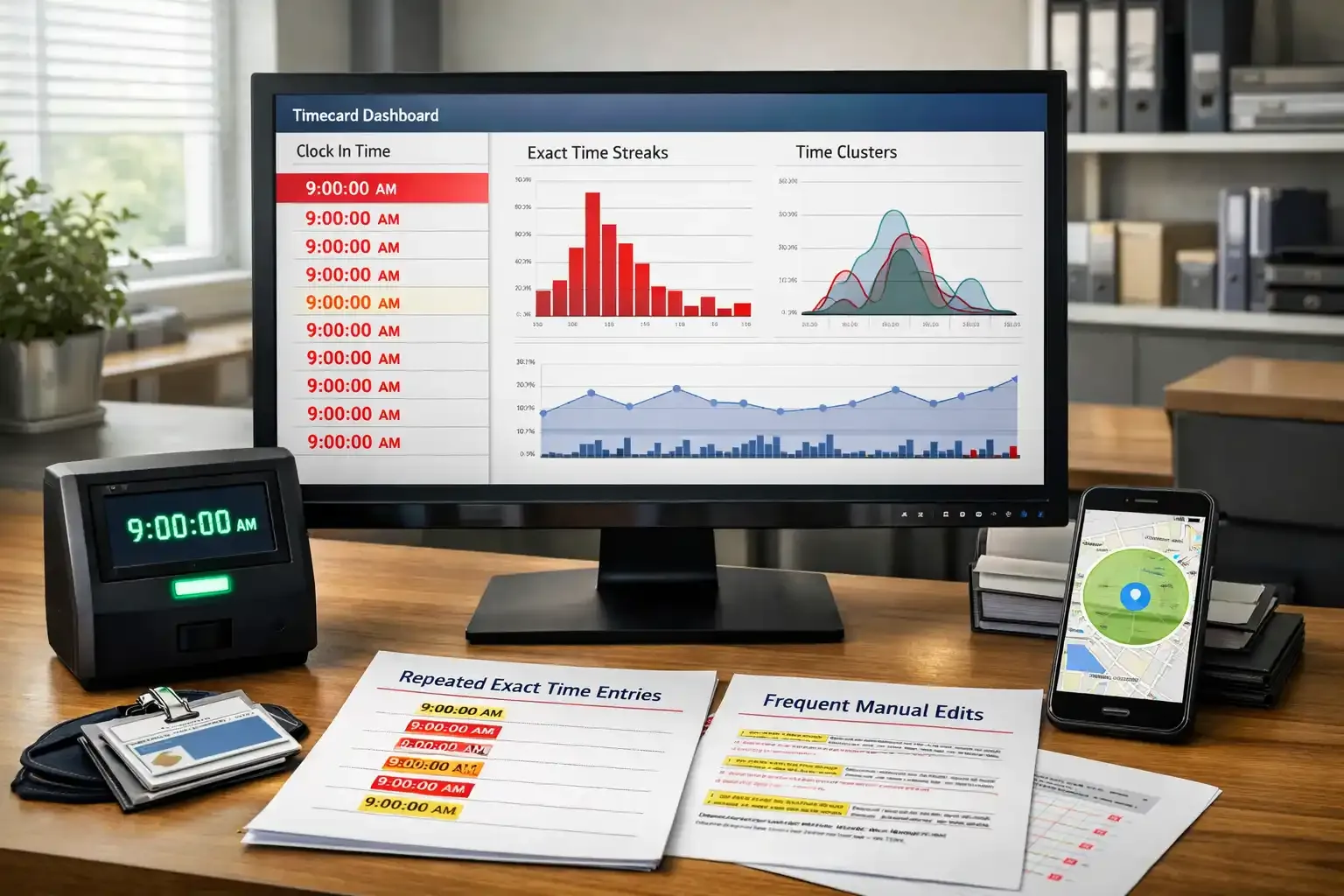 Timecard dashboard showing repeated 9:00 AM clock-in entries